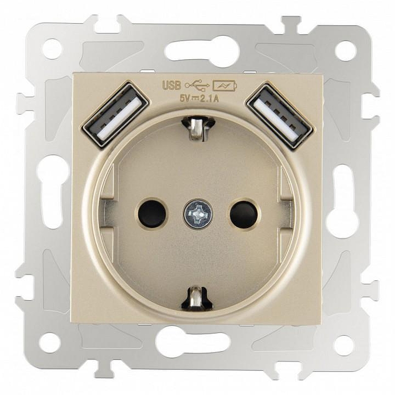 Розетка с заземлением и со шторкой и 2хUSB, без рамки Arte Milano am-203 203.47-1.shampan 