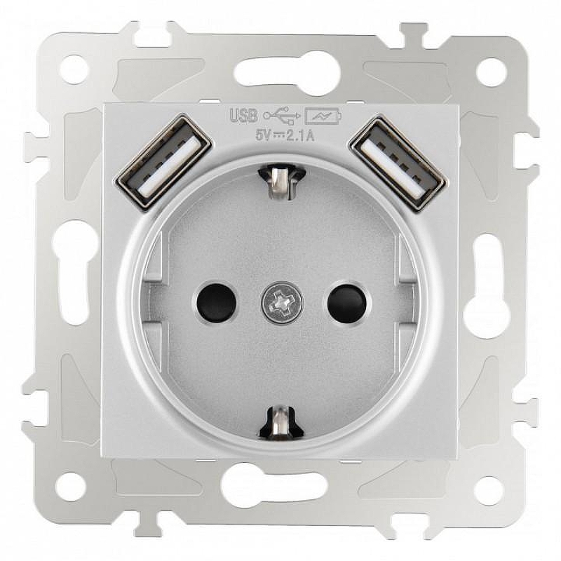 Розетка с заземлением и со шторкой и 2хUSB, без рамки Arte Milano am-203 203.47-1.silver 