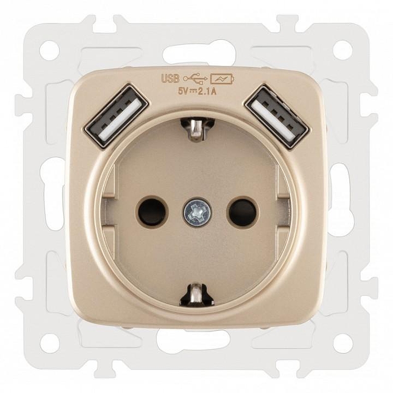 Розетка с заземлением и со шторкой и 2хUSB, без рамки Arte Milano am-205 205.47-1.shampan 