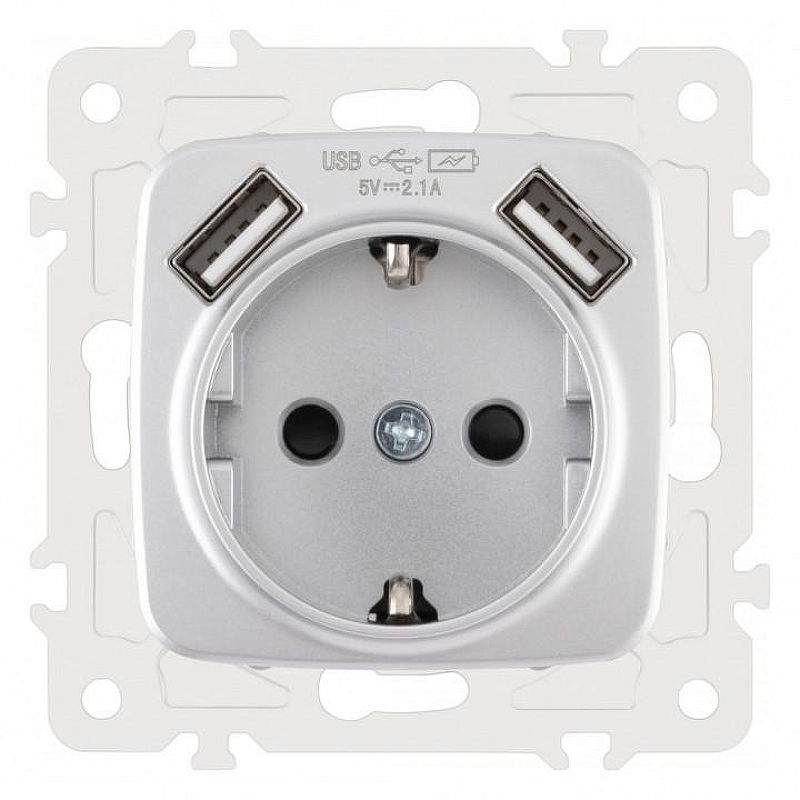 Розетка с заземлением и со шторкой и 2хUSB, без рамки Arte Milano am-205 205.47-1.silver 