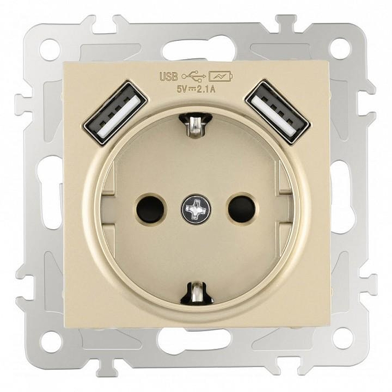 Розетка с заземлением и со шторкой и 2хUSB, без рамки Arte Milano am-206 206.47-1.shampan 