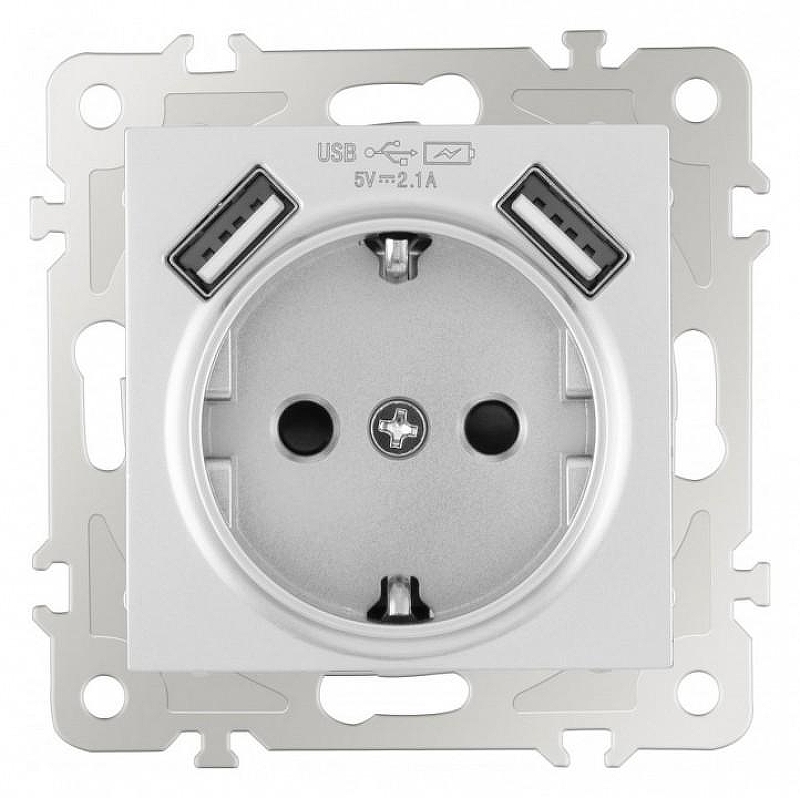 Розетка с заземлением и со шторкой и 2хUSB, без рамки Arte Milano am-206 206.47-1.silver 