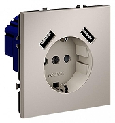 Розетка с заземлением и со шторкой и 2хUSB type A, без рамки Voltum S70 VLS040403 цвет Серый