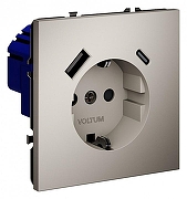 Розетка с заземлением и со шторкой и 2хUSB type A и C, без рамки Voltum S70 VLS040503 цвет Серый