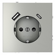 Розетка с заземлением и со шторкой и 2хUSB type A и C, без рамки Voltum S70 VLS040505 цвет Сталь-1