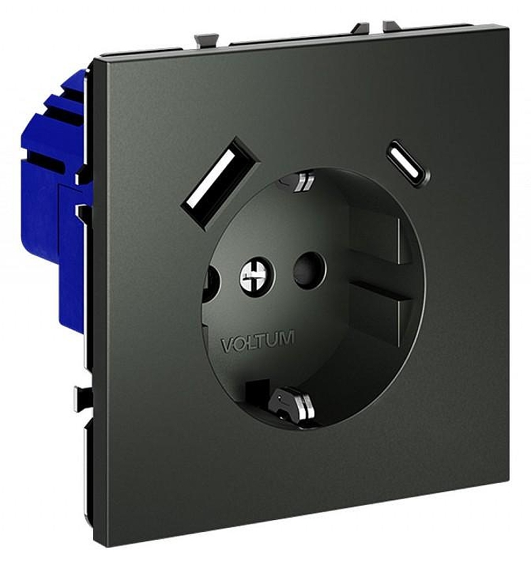 Розетка с заземлением и со шторкой и 2хUSB type A и C, без рамки Voltum S70 VLS040506 