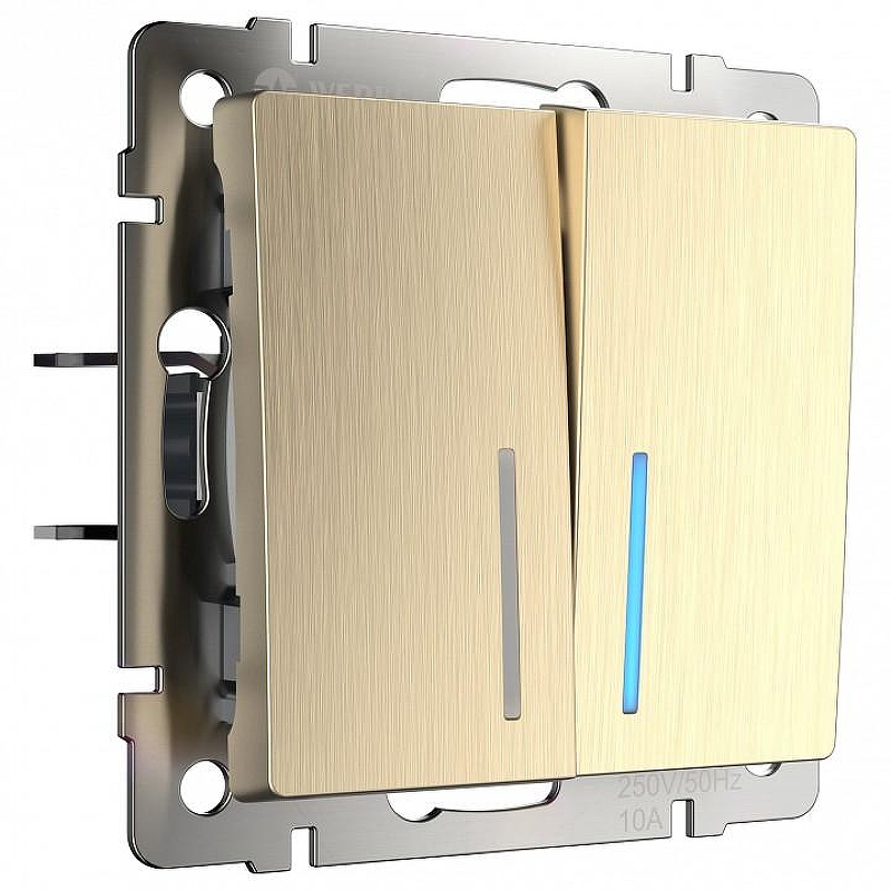 Выключатель проходной двухклавишный с подсветкой без рамки Werkel шампань рифленый W1122110 