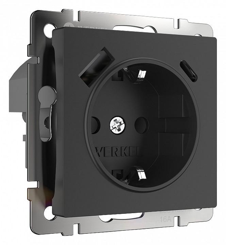 Розетка с заземлением и со шторками и USB, без рамки Werkel черный W1171708 