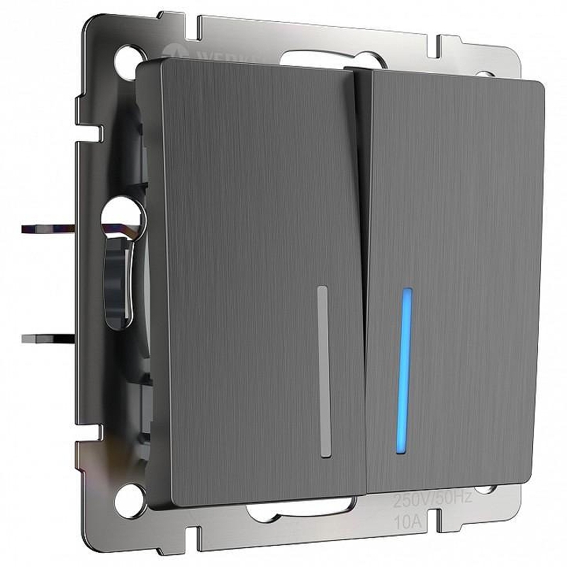 Выключатель проходной двухклавишный с подсветкой без рамки Werkel графит рифленый W1122104 