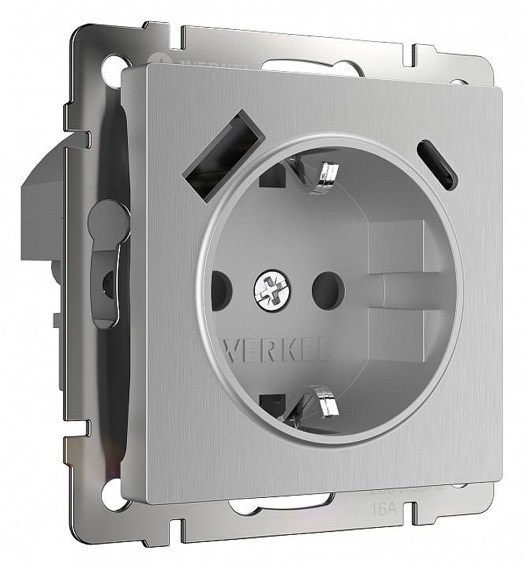 Розетка с заземлением и со шторками и 2хUSB, без рамки Werkel серебряный рифленый W1171709 