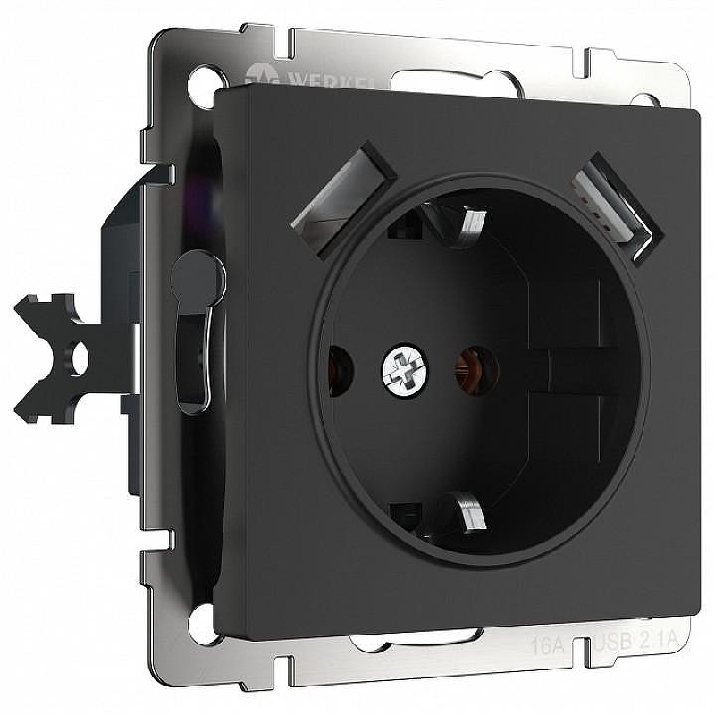 Розетка с заземлением и со шторками и 2хUSB, без рамки Werkel черный матовый W1171508 