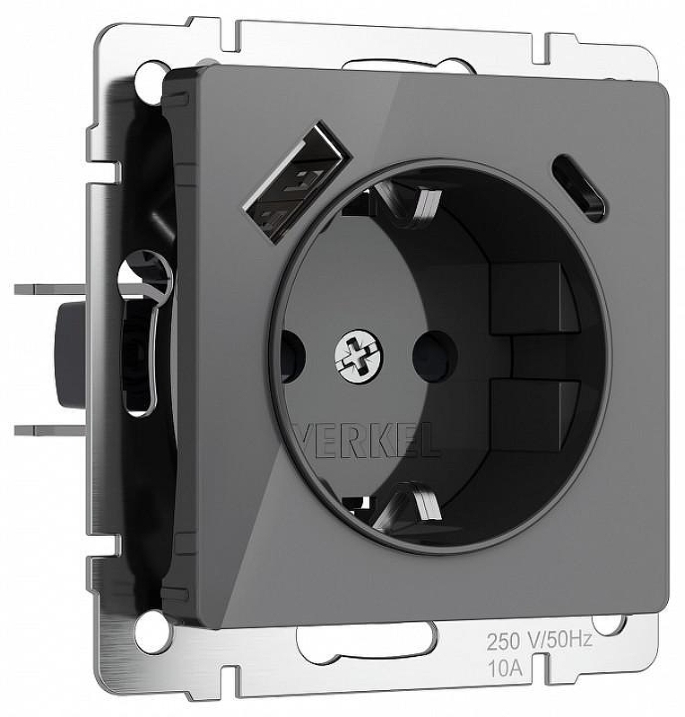 Розетка с заземлением и со шторками и 2хUSB, без рамки Werkel графит акрил W1171744 