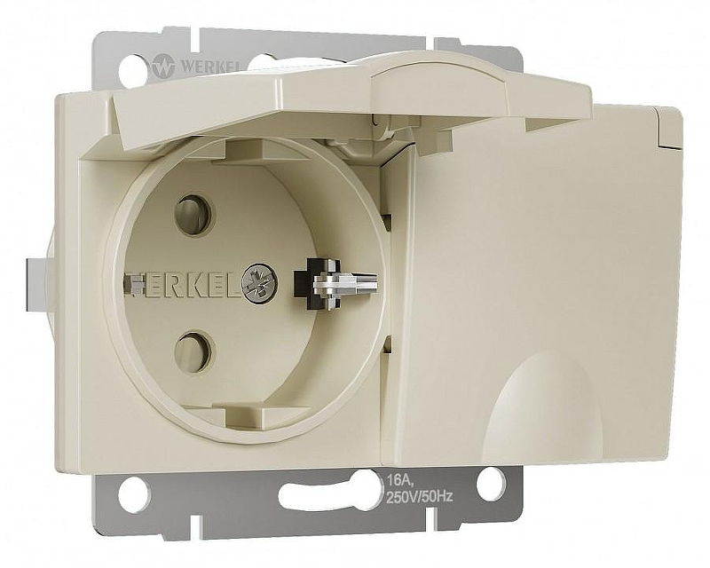 Розетка двойная влагозащищенная с заземлением и со шторками, без рамки с крышкой Werkel слоновая кость W1172203 