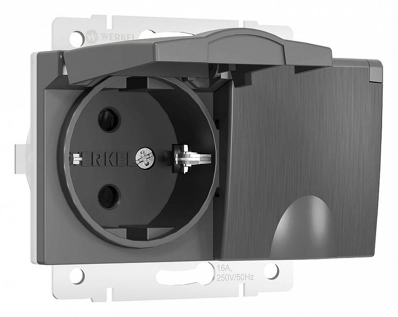 Розетка двойная влагозащищенная с заземлением и со шторками, без рамки с крышкой Werkel графит рифленый W1172204 