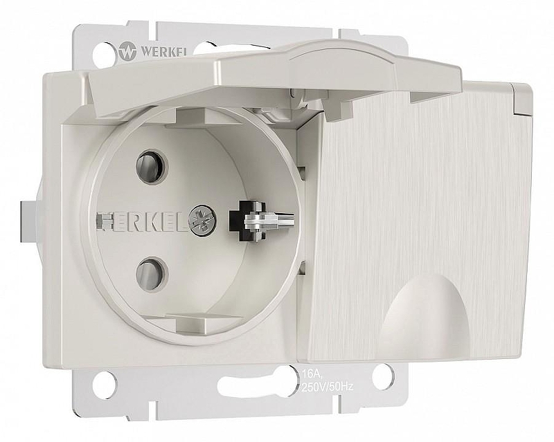 Розетка двойная влагозащищенная с заземлением и со шторками, без рамки с крышкой Werkel перламутровый рифленый W1172213 