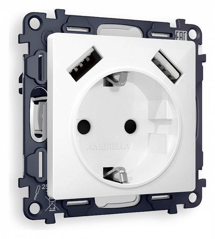Розетка с заземлением и со шторкой и 2хUSB type A, без рамки Ambrella Volt Quant MA109010 