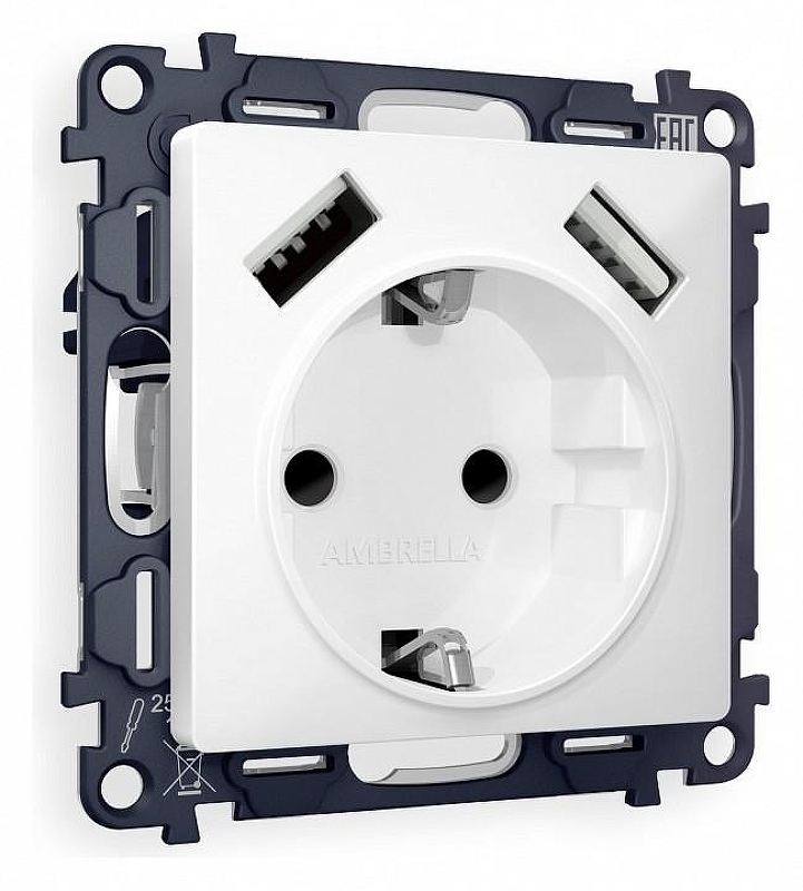 Розетка с заземлением и со шторкой и 2хUSB type A, без рамки Ambrella Volt Quant MA129010 