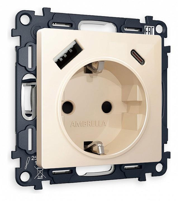 Розетка с заземлением и 2хUSB type A и C, без рамки Ambrella Volt Quant MA310010 
