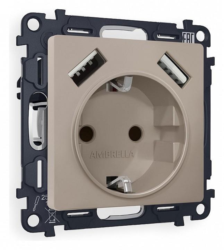 Розетка с заземлением и со шторкой и 2хUSB type A, без рамки Ambrella Volt Quant MA369010 