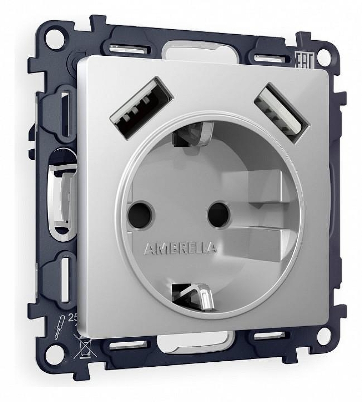 Розетка с заземлением и со шторкой и 2хUSB type A, без рамки Ambrella Volt Quant MA409010 
