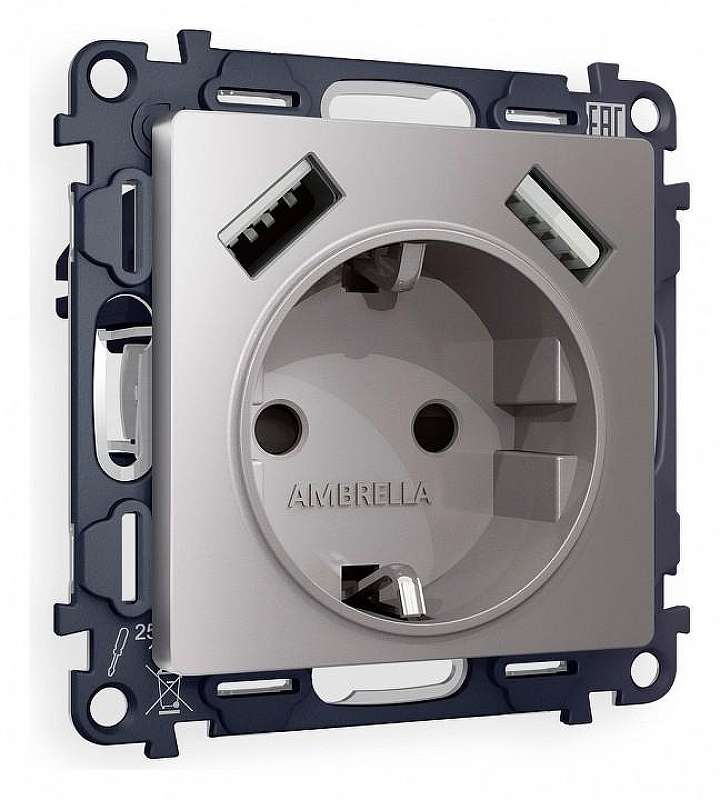 Розетка с заземлением и со шторкой и 2хUSB type A, без рамки Ambrella Volt Quant MA509010 