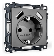 Розетка с заземлением и со шторкой и 2хUSB type A, без рамки Ambrella Volt Quant MA659010 цвет Антрацит