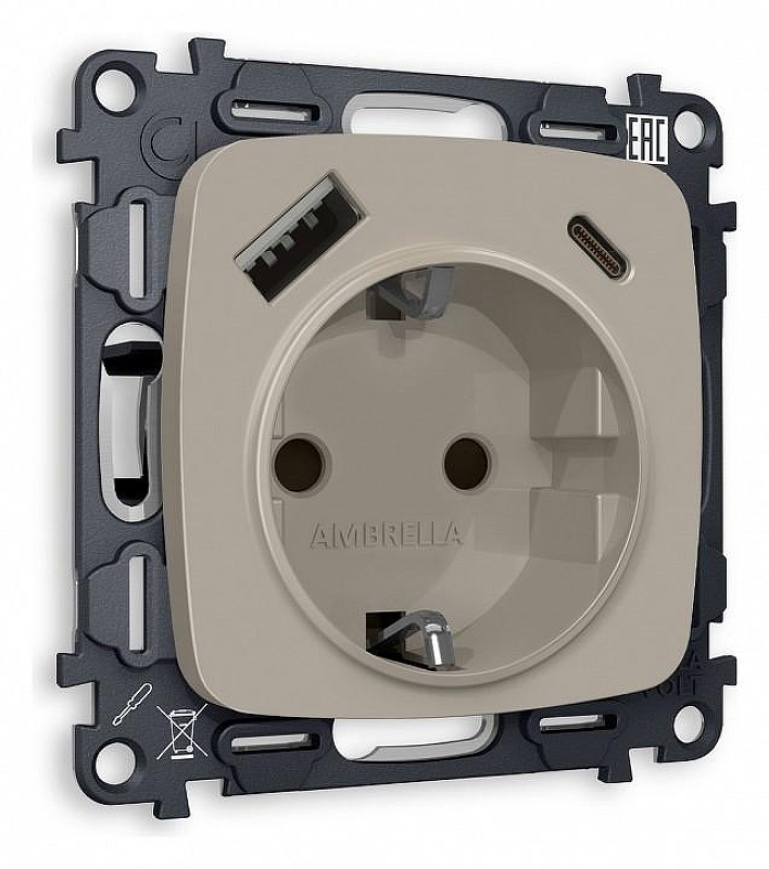 Розетка с заземлением и 2хUSB type A и C, без рамки Ambrella Volt Quant MO370010 