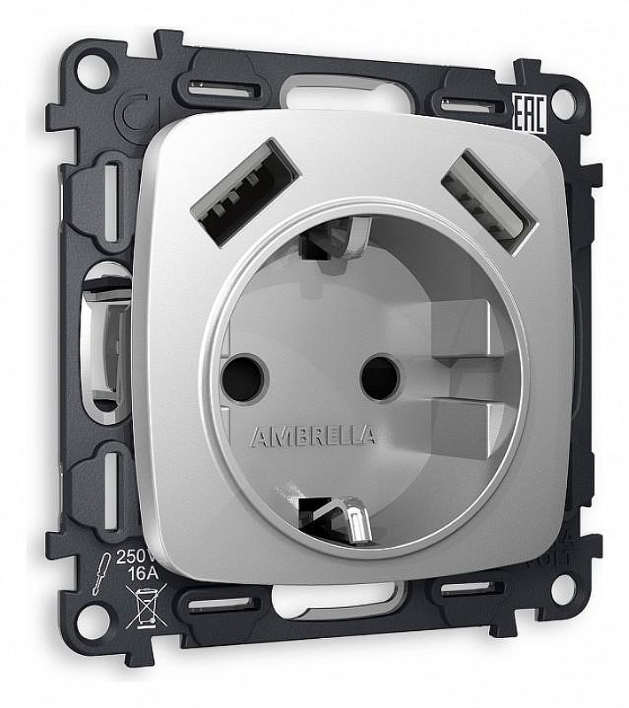 Розетка с заземлением и 2хUSB type A, без рамки Ambrella Volt Quant MO409010 