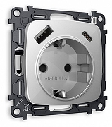 Розетка с заземлением и 2хUSB type A и C, без рамки Ambrella Volt Quant MO410010 цвет серебро