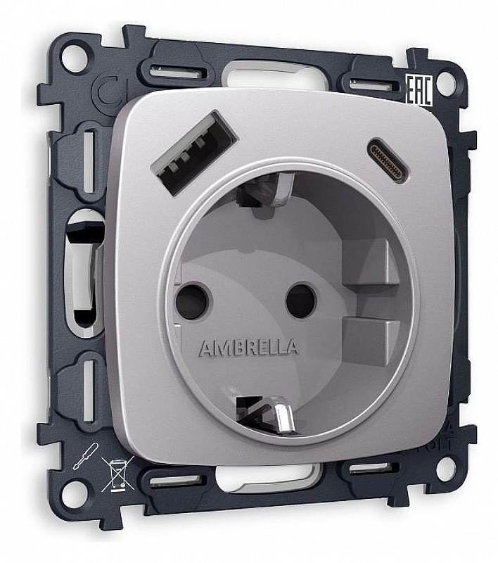 Розетка с заземлением и 2хUSB type A и C, без рамки Ambrella Volt Quant MO510010 