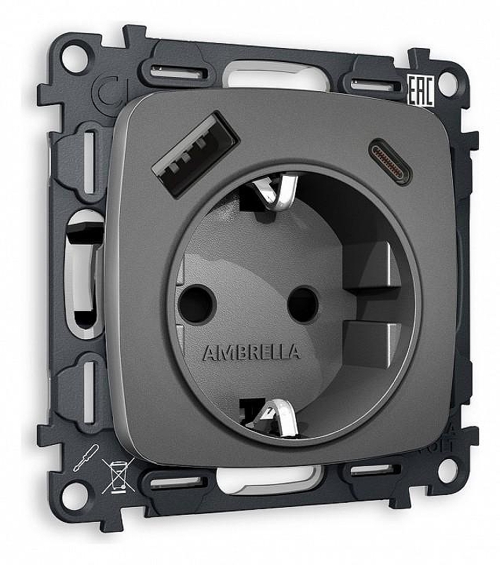 Розетка с заземлением и 2хUSB type A и C, без рамки Ambrella Volt Quant MO660010 