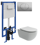 Комплект унитаза с инсталляцией STWORKI Long+510162+230823 цвет Белый с сиденьем Микролифт и клавишей смыва цвет Хром матовый