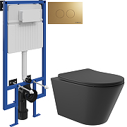 Комплект унитаза с инсталляцией STWORKI CON0140+510162+500474 цвет Черный матовый с сиденьем Микролифт и клавишей смыва цвет Золото матовое