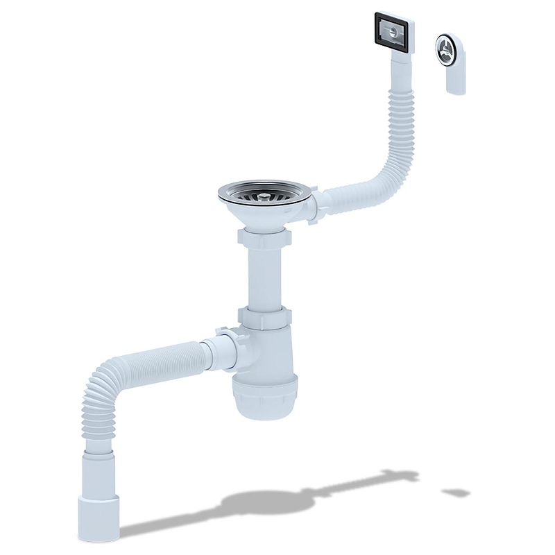 Сифон для кухонной мойки Анипласт Грот A0145DIY с гибким и жестким переливом и гибкой трубой 