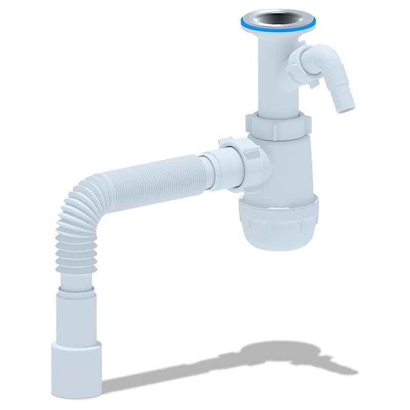 Сифон для кухонной мойки Анипласт Грот A2015 с отводом для стиральной машины, с гибкой трубой 