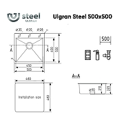 Кухонная мойка Ulgran Steel US 500х500-002 цвет Черная брашированная сталь-9