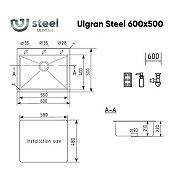 Кухонная мойка Ulgran Steel US 600х500-002 цвет Черная брашированная сталь-3