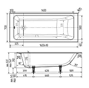 Чугунная ванна Wotte Line 150x70 БП-э00д1465 без антискользящего покрытия, с ножками 248504000-4