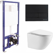 Унитаз с инсталляцией WellWant Aura WWU01121WK + Berges Novum L5 040215 с сиденьем Микролифт и Черной матовой клавишей смыва