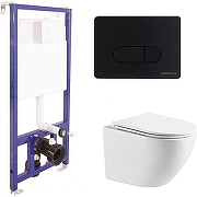 Унитаз с инсталляцией WellWant Aura WWU01121WK + Berges Novum D5 040235 с сиденьем Микролифт и Черной матовой клавишей смыва