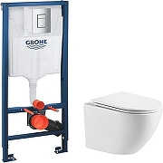Унитаз с инсталляцией WellWant Aura WWU01121WK + Grohe Rapid SL 38772001 с сиденьем Микролифт и клавишей смыва Хром