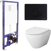 Унитаз с инсталляцией AM.PM Spirit FlashClean C701700WH+C707857WH + Berges Novum D5 040235 с сиденьем Микролифт и Черной матовой клавишей смыва