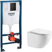 Унитаз с инсталляцией WellWant Aura WWU01121WK + Grohe Rapid SL 38811KF0 с сиденьем Микролифт и Черной матовой клавишей смыва