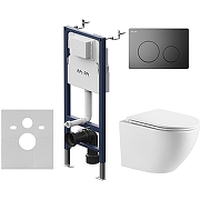 Унитаз с инсталляцией WellWant Aura WWU01121WK + AM.PM PrimeFit I012709.0138 с сиденьем Микролифт и Черной матовой клавишей смыва