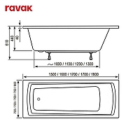 Акриловая ванна Ravak Domino Plus Set 150х70 70508026 цвет Белый с ножками, со сливом-переливом-8